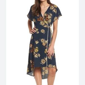 Leith Floral Wrap Dress Deep Teal Cream Orange Flowers XS string tie double V